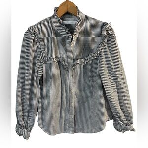 Rebecca Minkoff Grey White Linda Striped Ruffle Blouse Womens S 100% Cotton